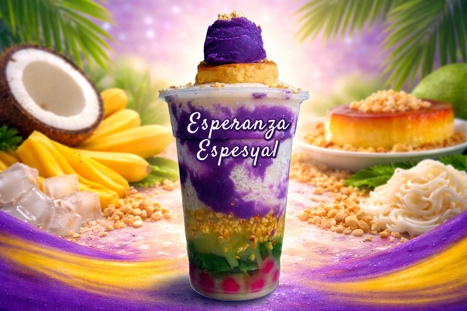 Esperanza Espesyal halo-halo topped with ube and leche flan